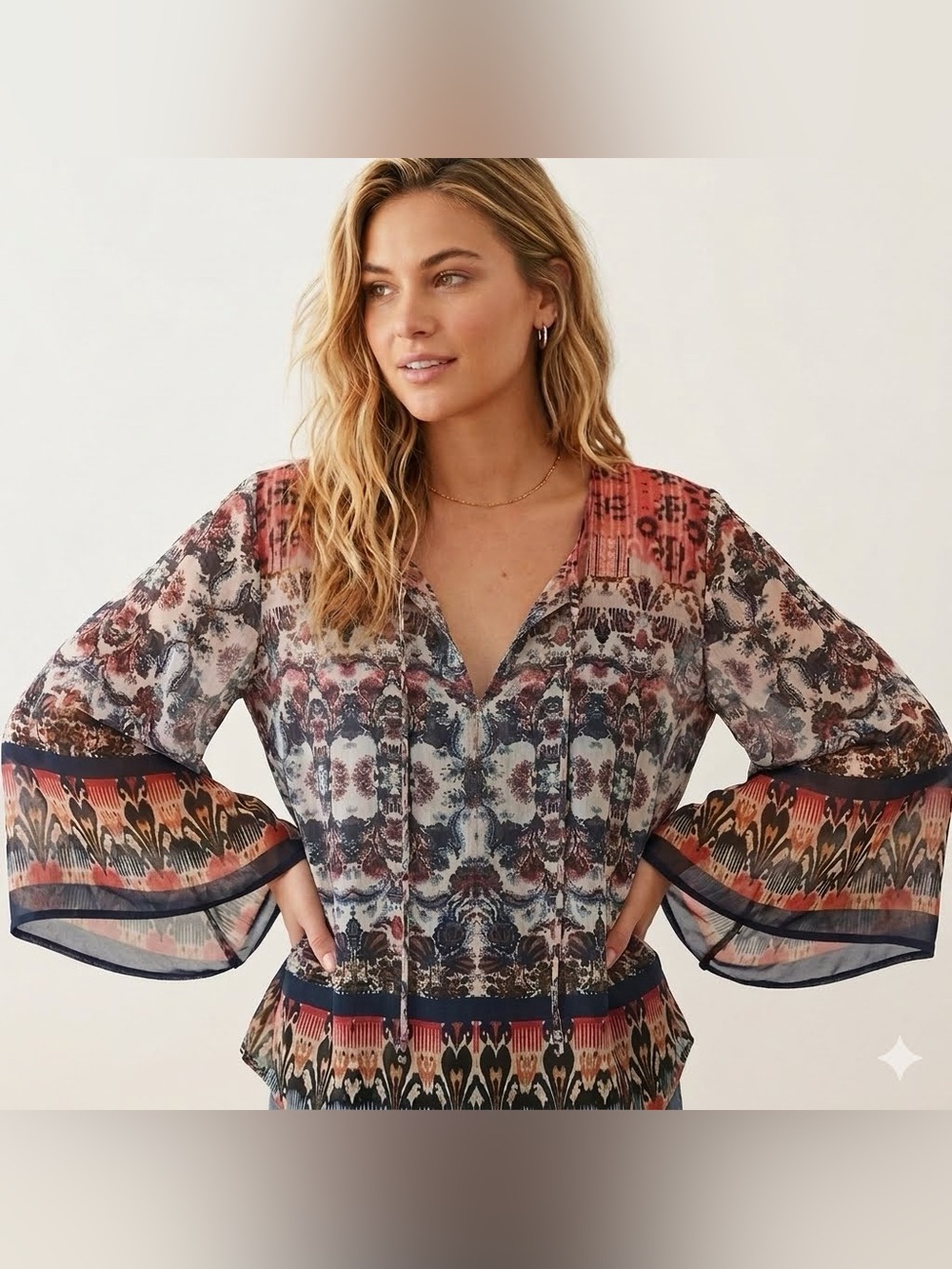 Hippie Laundry Flowy Boho Semi Sheer Top Floral Print Bell Sleeves Festival XL